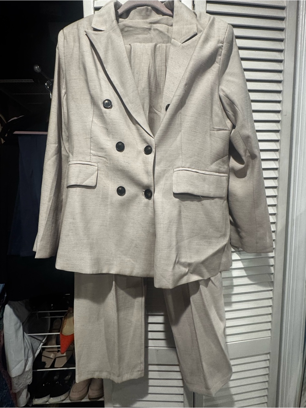 Women’s  Double-Breasted Beige Suit Blazer & Trousers size is I think a 10